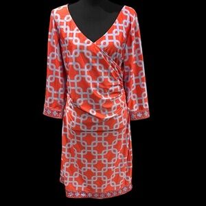 Gretchen Scott Red and White Geometric Faux Wrap Dress size medium